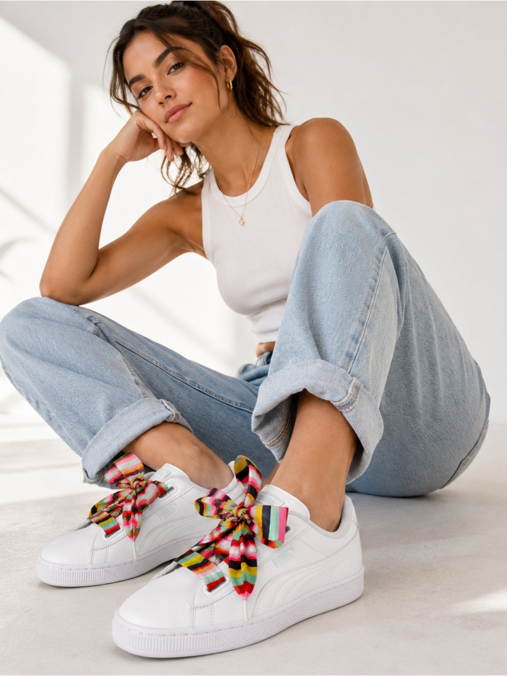 PUMA Basket Heart Generation Hustle Sneakers White Rainbow Ribbon Laces 10.5